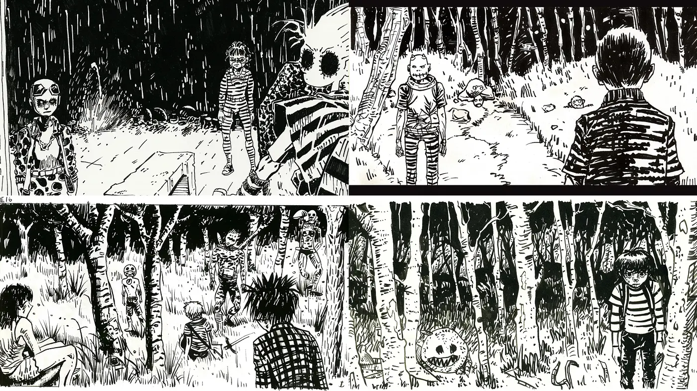 Monochromatic Narrative: An Ode to Graphic Novels and Inked Illustrations - Midjourney sref style