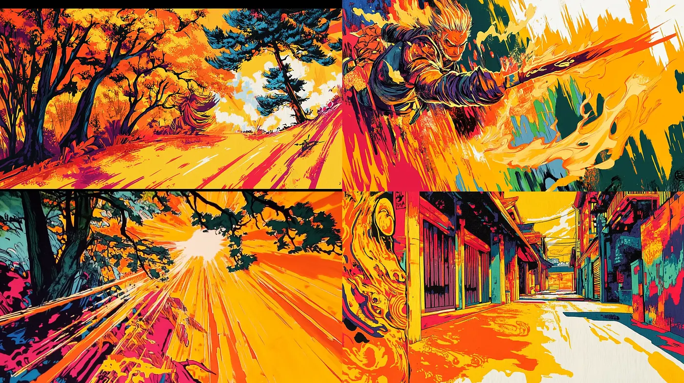 Vibrant Expressive Brushwork in Dynamic Colored Landscapes - Midjourney sref style