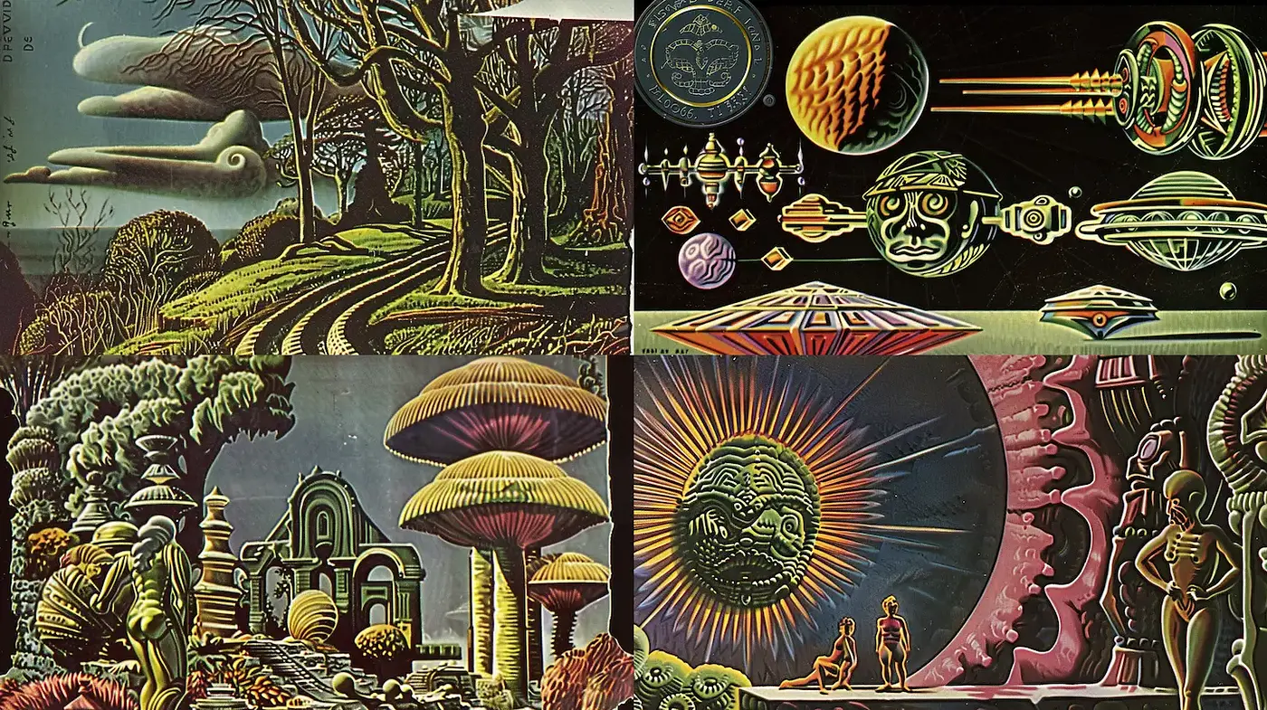 Visually Striking Retro-Futuristic Landscapes with Botanical Elements - Midjourney sref style