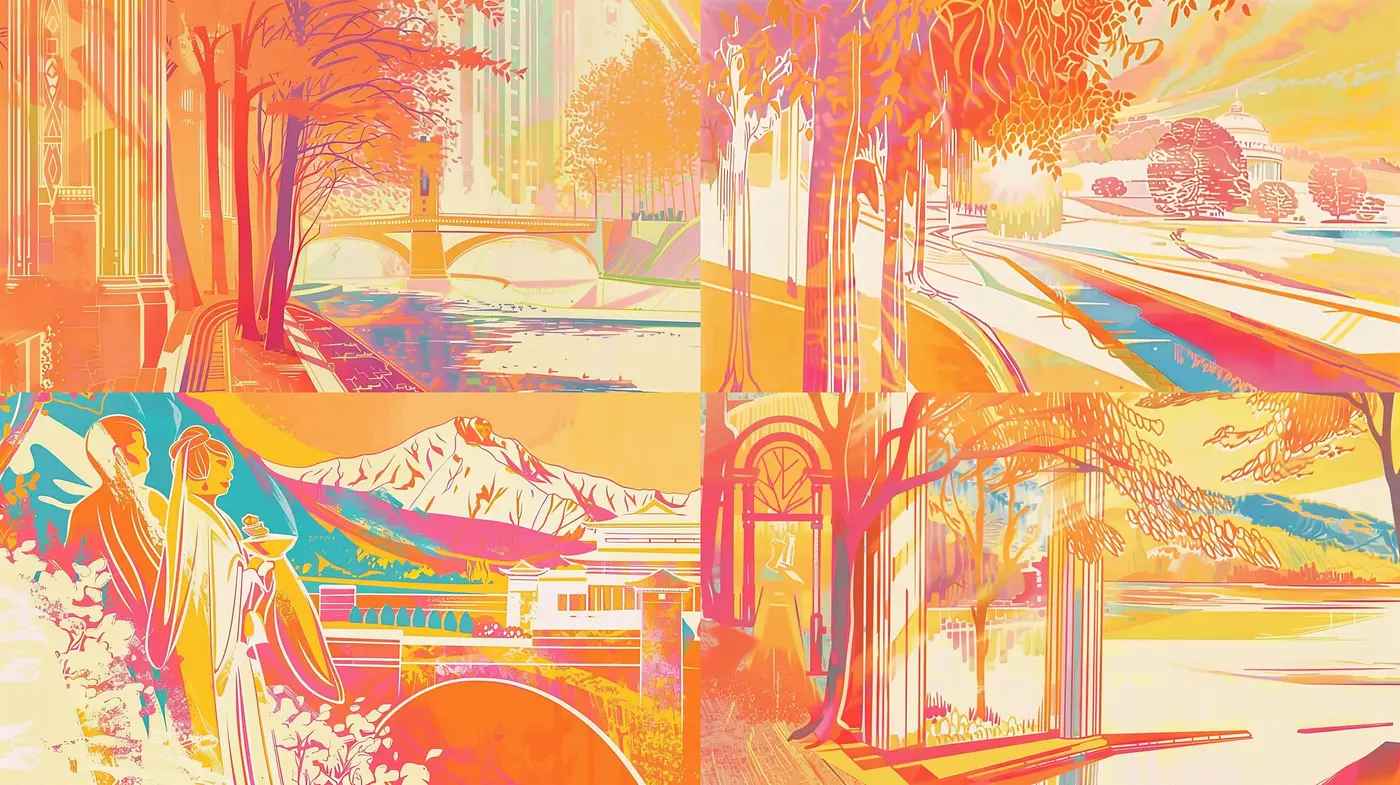 Sunset Chromatism: A Fusion of Warm Tones and Retrofuturistic Lines - Midjourney sref style