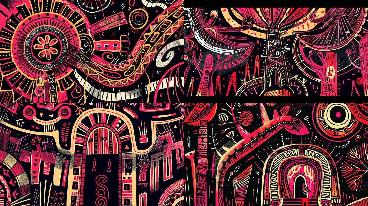Intricate and Colorful Abstract Art with Tribal Influences and Bold Patterns - Midjourney sref style
