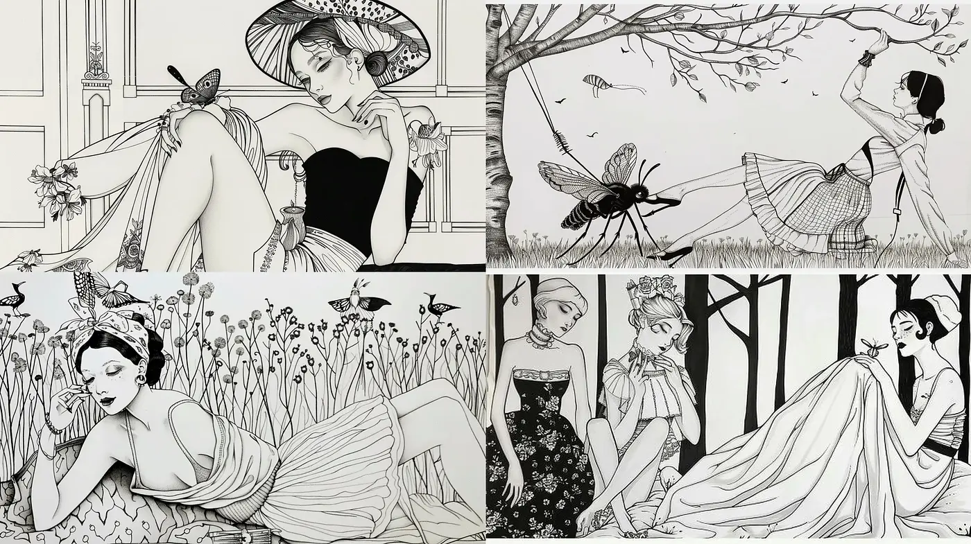 Monochromatic Elegance: A Homage to Art Nouveau Illustrations with Contemporary Grace - Midjourney sref style