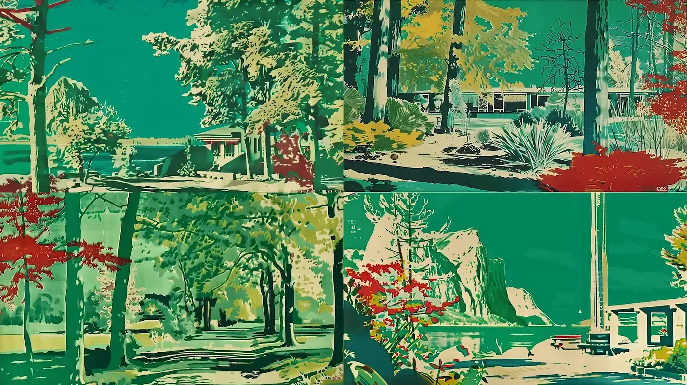 Vibrant Mid-Century Landscape Illustrations with a Nostalgic Touch - Midjourney sref style