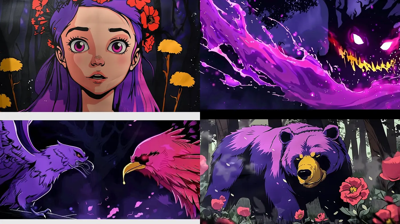 Mystical Nocturne Fusion: A Vivid and Expressive Art Style with Animalistic and Floral Motifs - Midjourney sref style