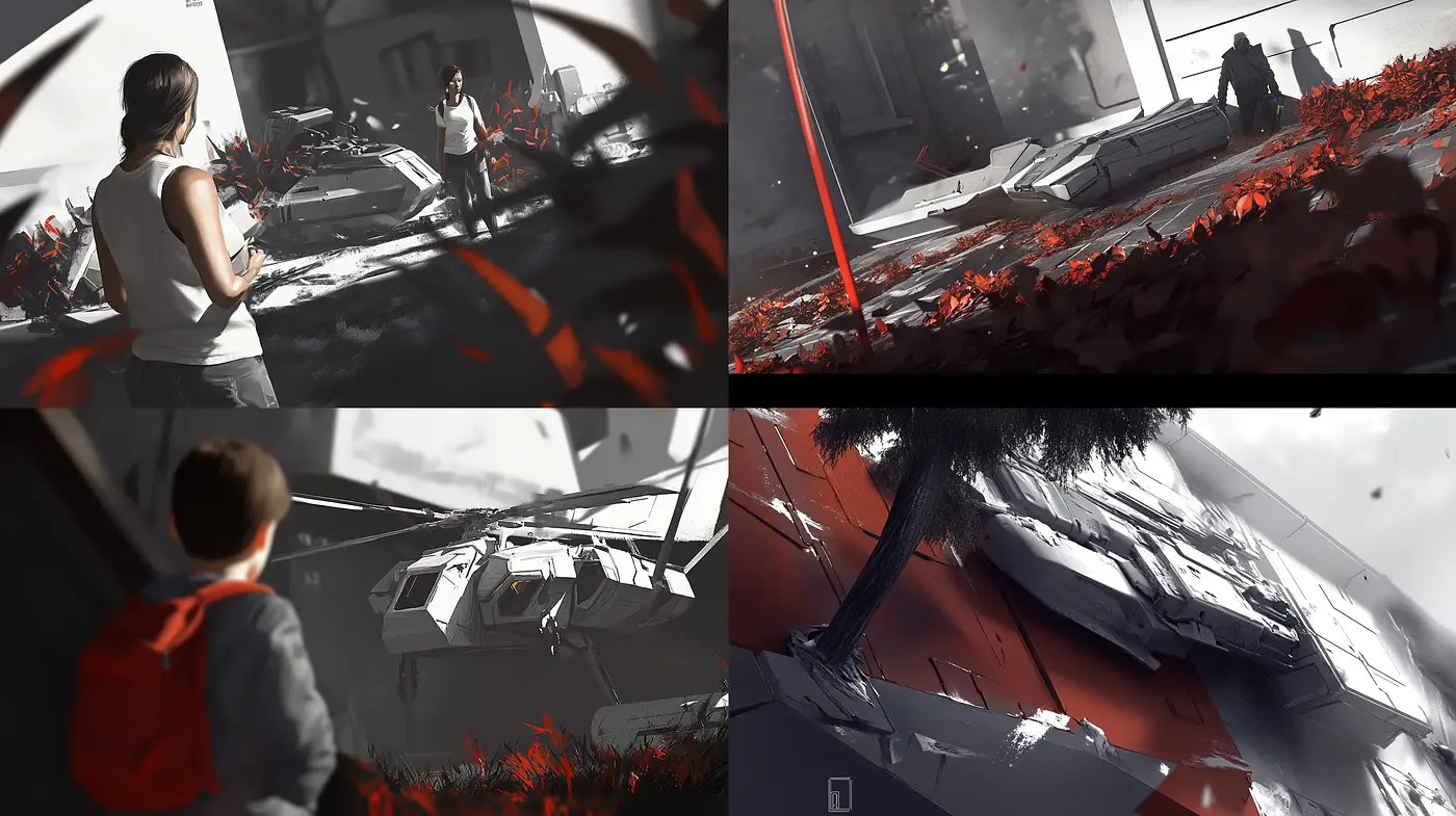 Monochromatic Futurism with Crimson Accents - Midjourney sref style