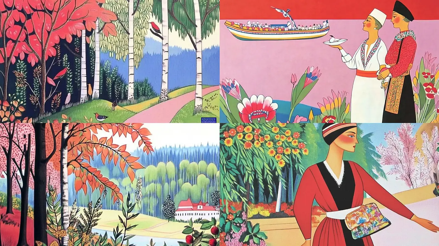 Folkloric Serenity in Stylized Nature - Midjourney sref style