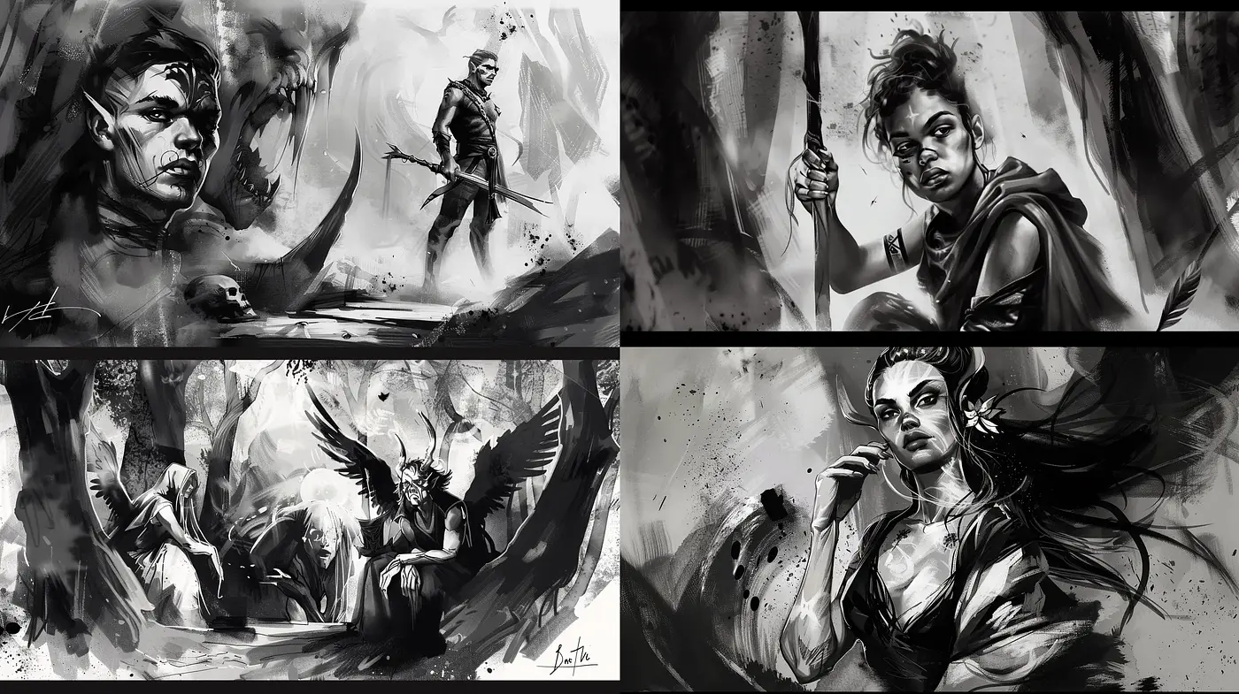 Monochromatic Dynamic Brushstrokes with a Theatrical Vibe - Midjourney sref style