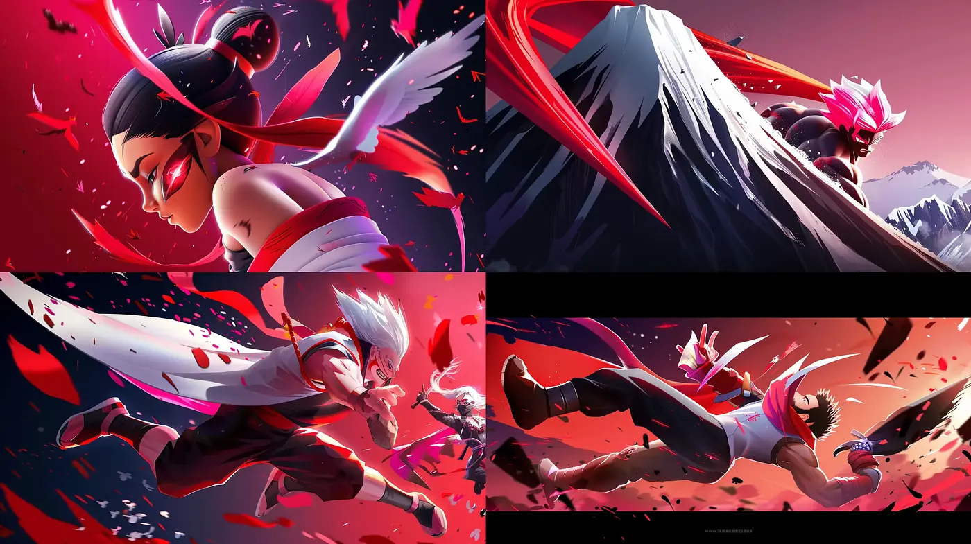 Dynamic Anime-Inspired Action Tableau with Vivid Hues and Fluid Motion - Midjourney sref style