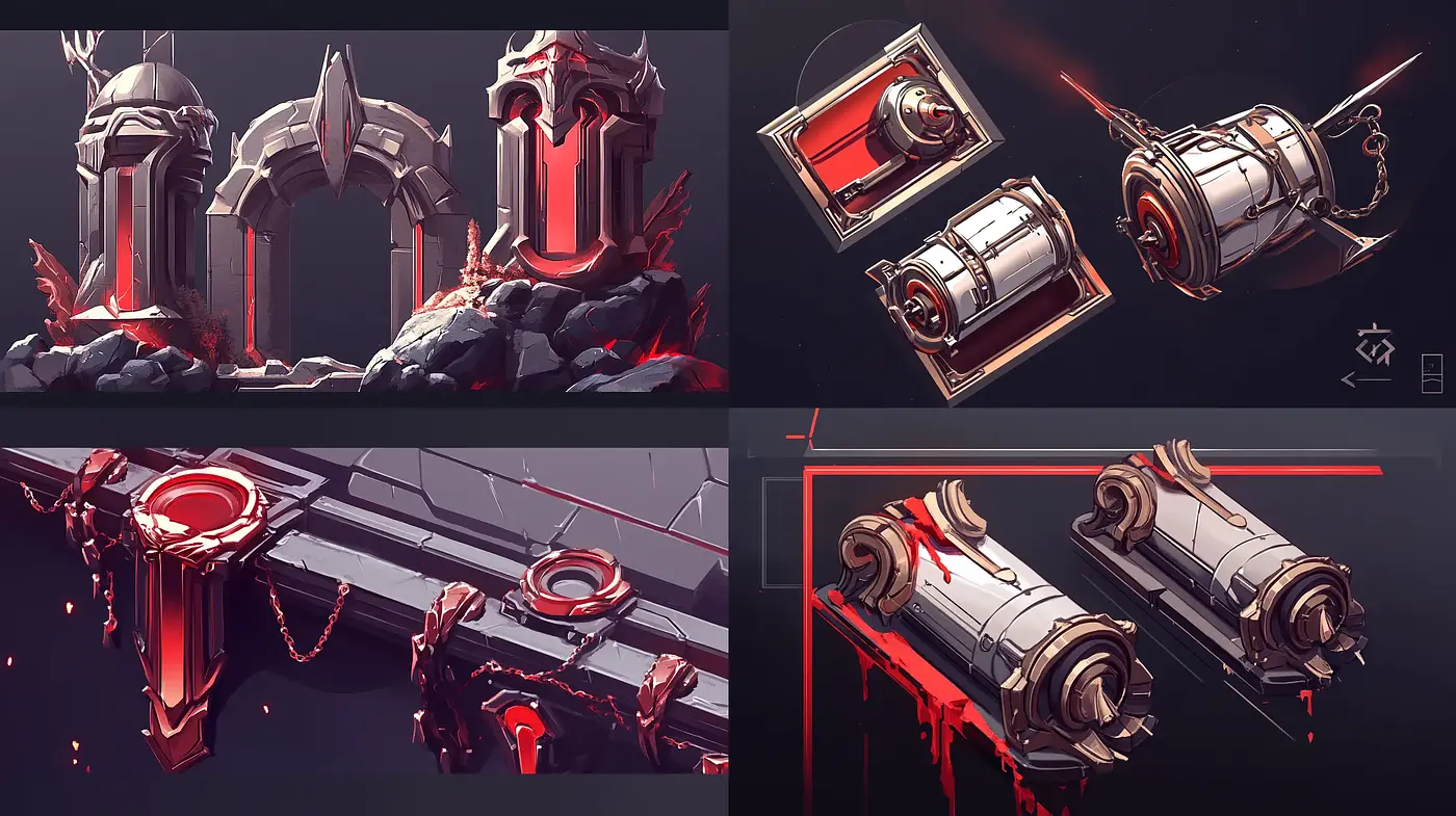 Futuristic Elegance in Crimson and Grayscale: A Synthesis of Mechanical Precision - Midjourney sref style