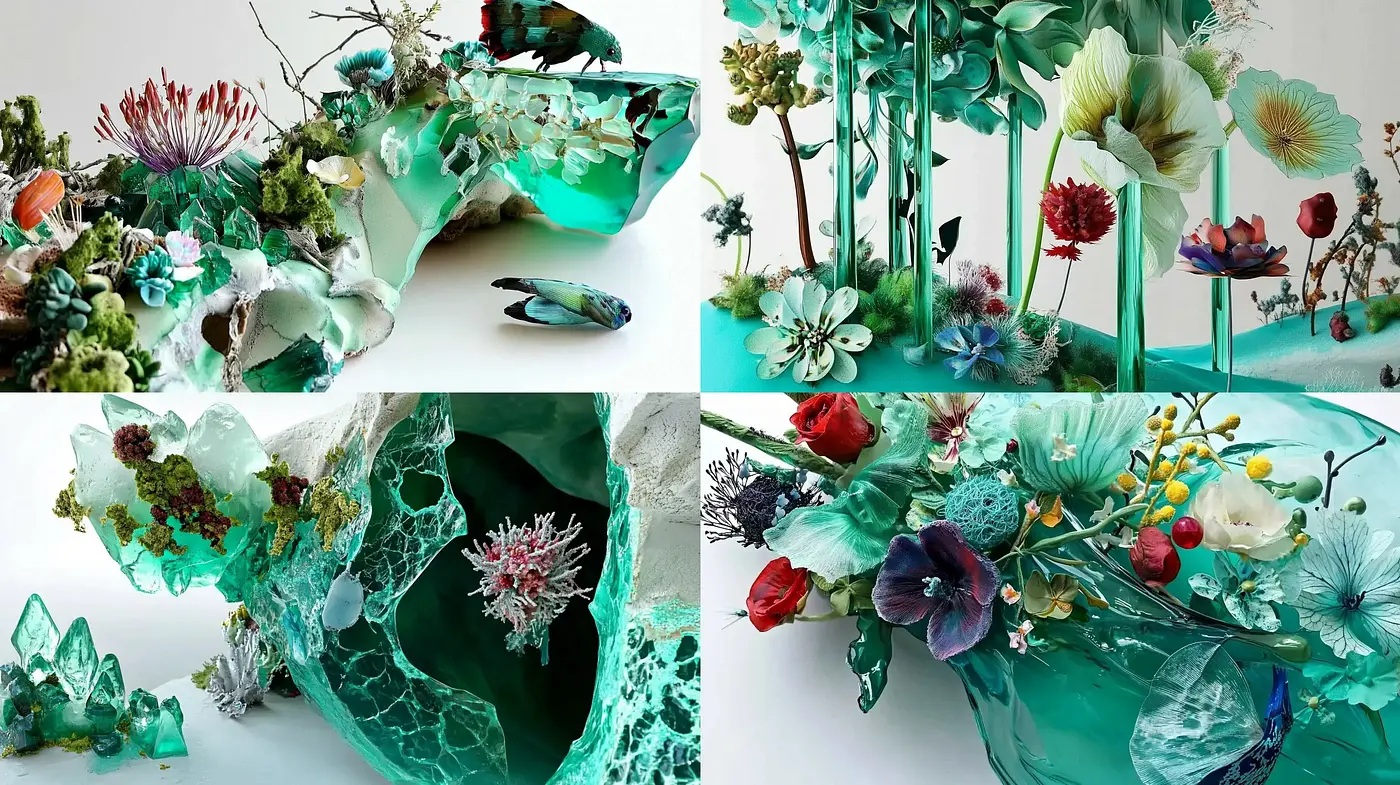 Emerald Botanical Dreamscape with Textured Florals and Crystal Accents - Midjourney sref style