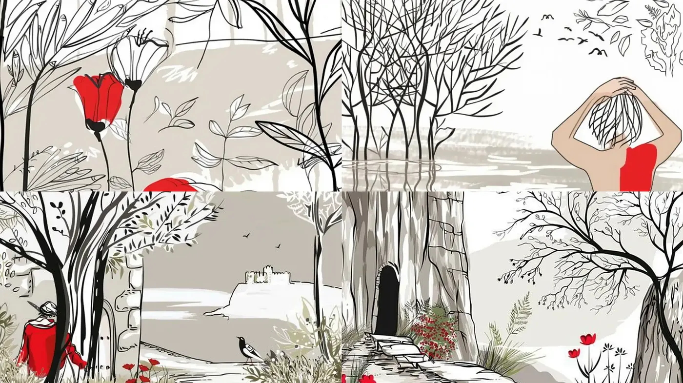 Strokes of Serenity: A Modern Interpretation of Ink Wash with Pops of Red - Midjourney sref style