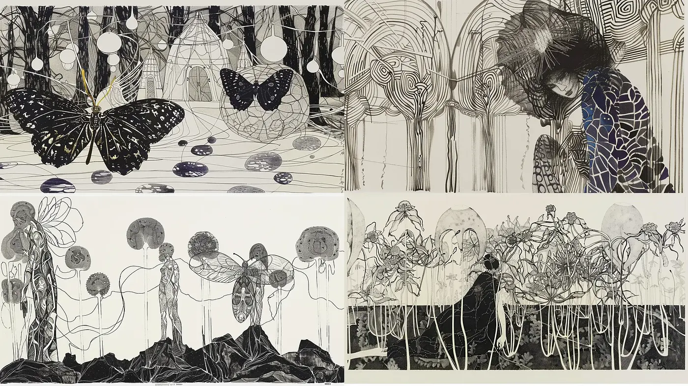 Monochromatic Dreamscape in Ink: A Study in Surrealist Botany - Midjourney sref style