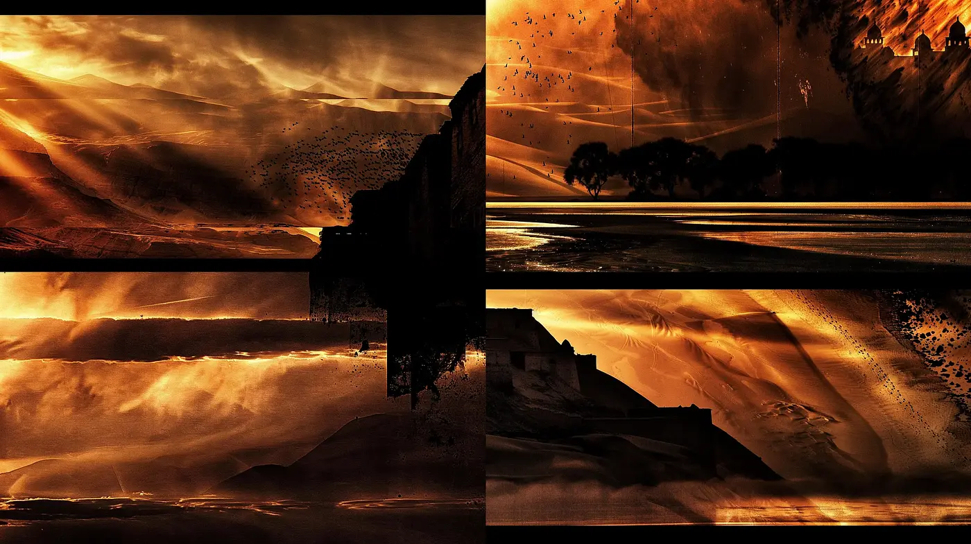 Surrealist Dusk: A Symphony of Fiery Textures and Motion - Midjourney sref style