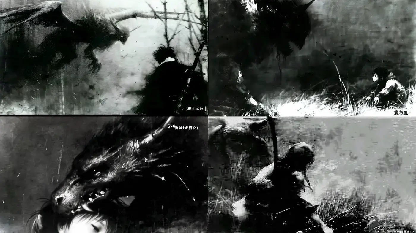 Dramatic, monochromatic fantasy imagery with a sense of unease and tension - Midjourney sref style