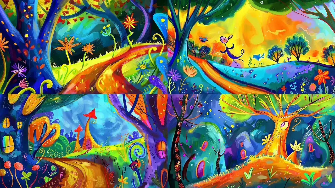 Vibrant and Whimsical Fantasy Landscape with Playful Curves and Textures - Midjourney sref style