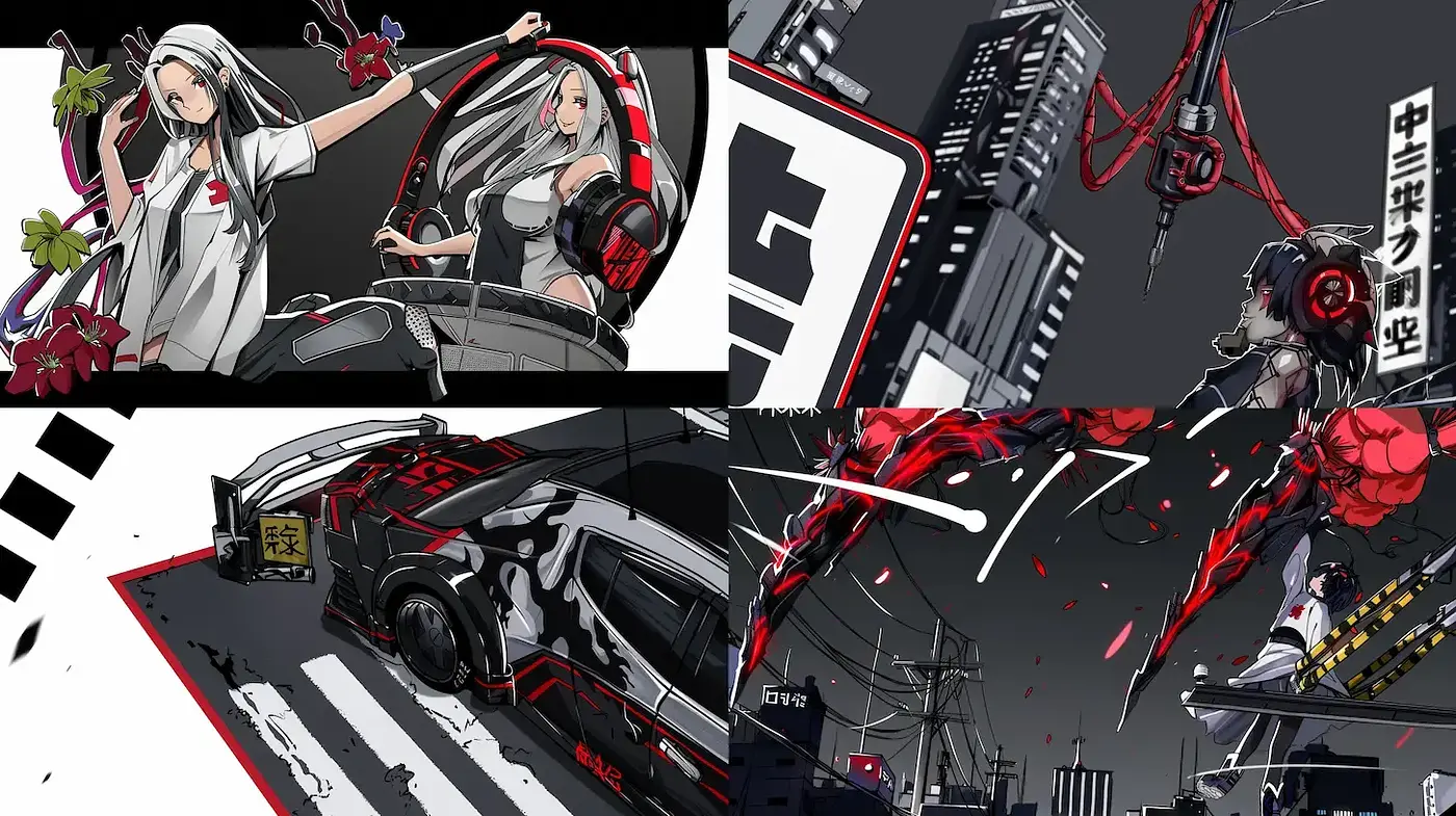 Dynamic Urban Futurism with a Bold Anime Influence - Midjourney sref style