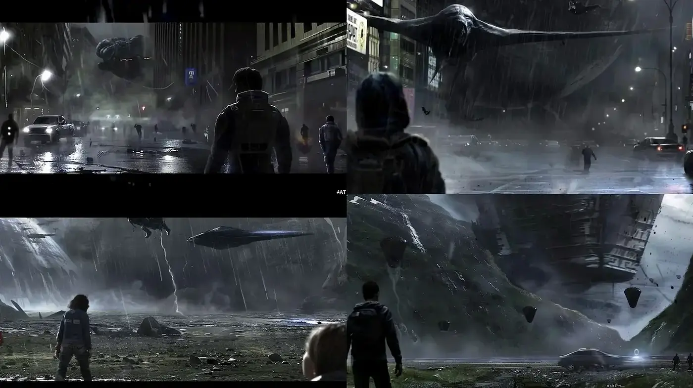 Futuristic urban landscapes with dramatic atmospheric elements - Midjourney sref style