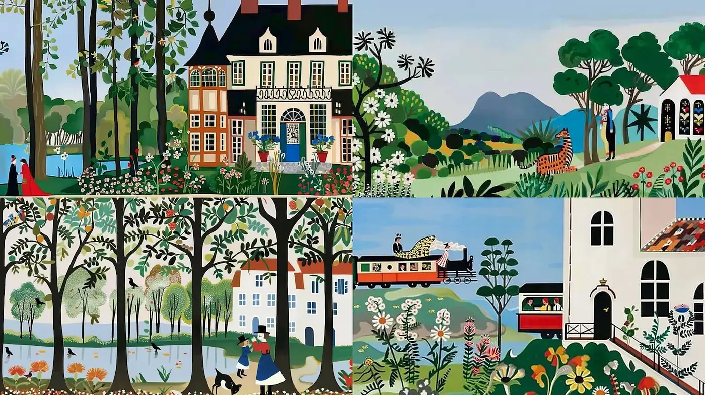 Playful Whimsy with Folk Art Influences in Lush Landscapes - Midjourney sref style