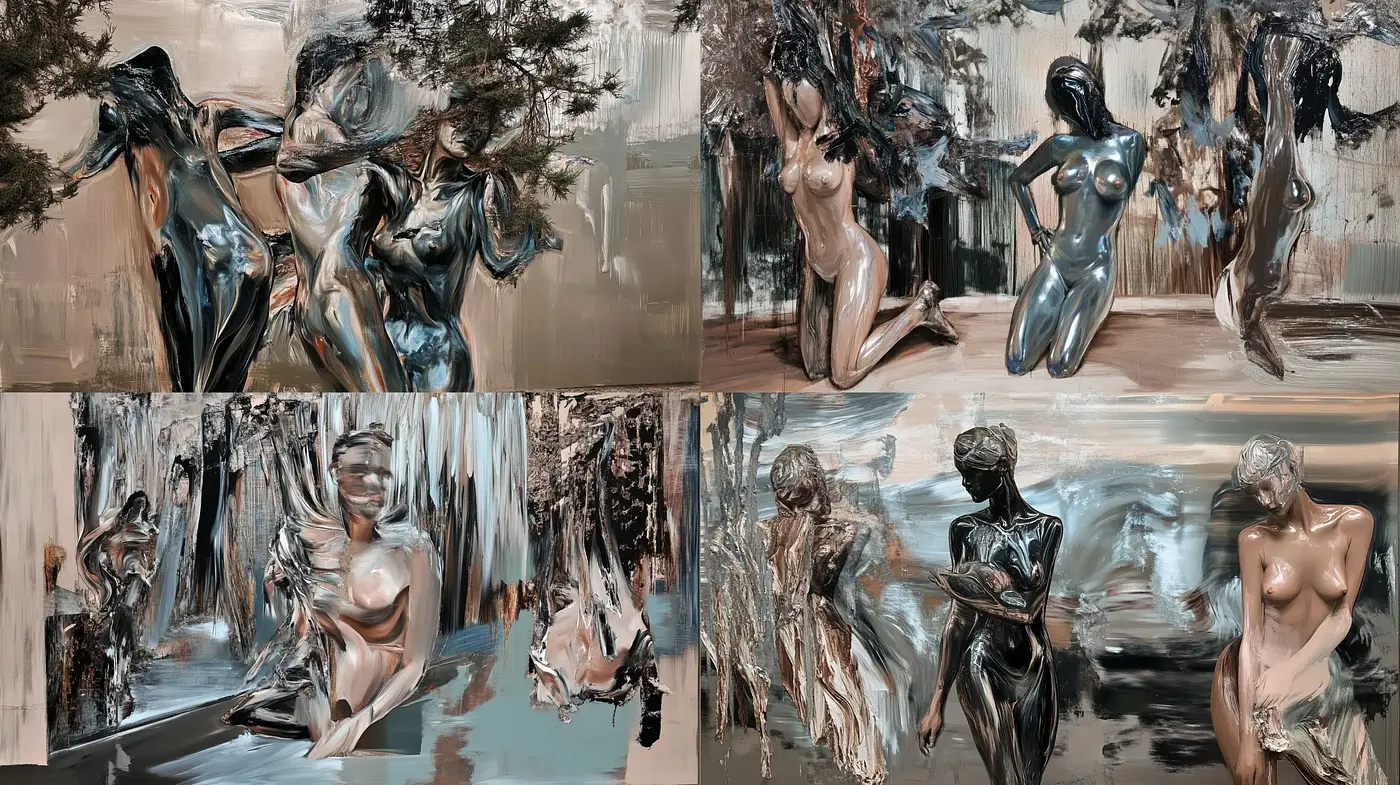 Abstract Fluidity and Metallic Tones in Humanoid Forms - Midjourney sref style