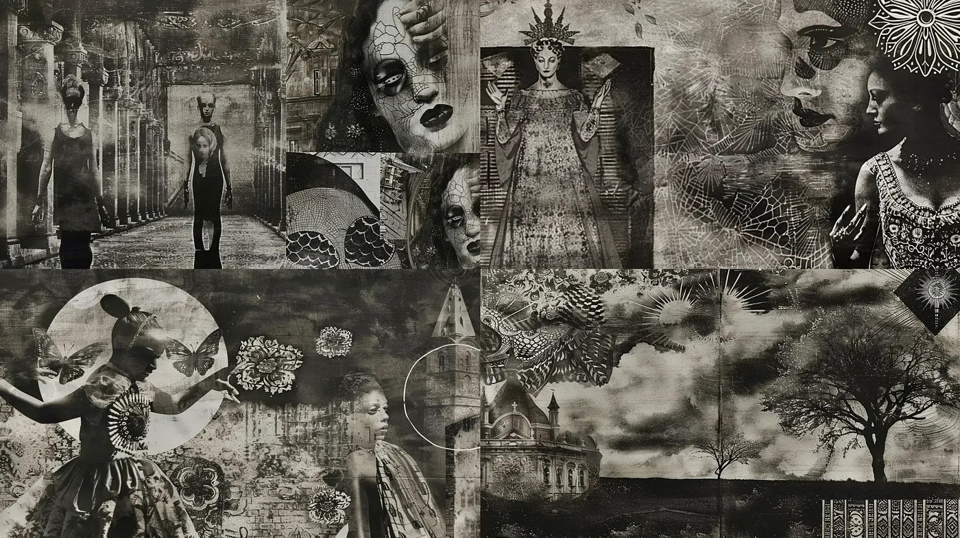 Monochromatic Tapestry of Surreal Narratives - Midjourney sref style