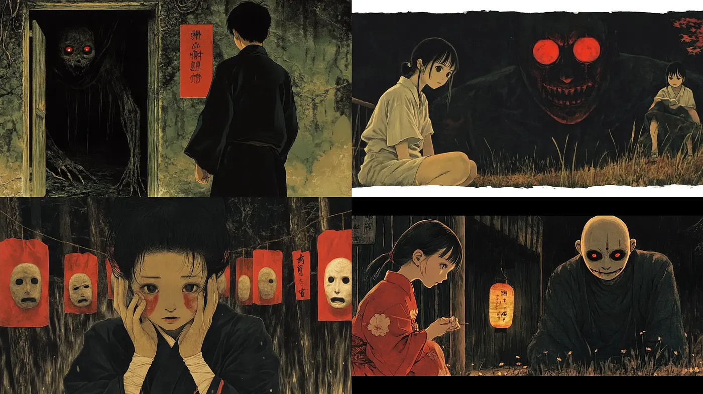 Eerie Twilight: A Homage to Supernatural Anime and Edo Period Woodblock Prints - Midjourney sref style