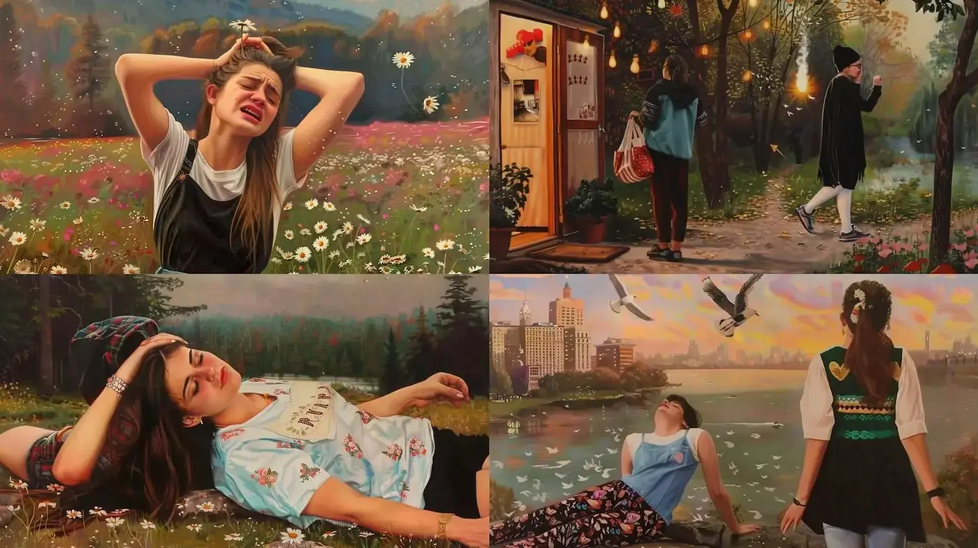 Emotional narratives in serene, nature-infused scenes - Midjourney sref style