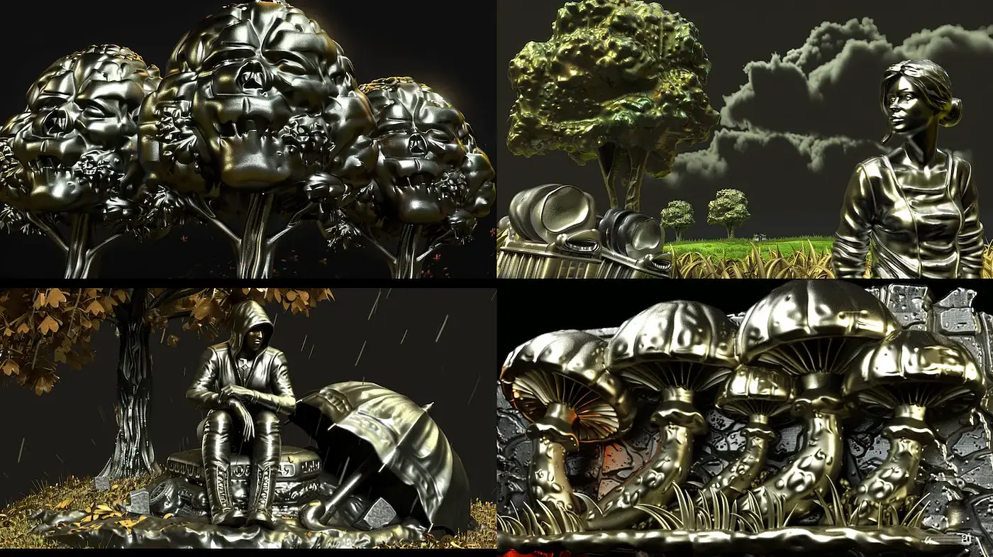 Surreal metallic landscapes with fantastical elements - Midjourney sref style