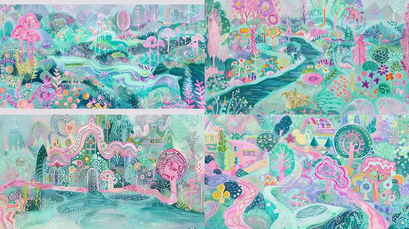 Whimsical pastel landscapes infused with dreamlike qualities and nature motifs - Midjourney sref style