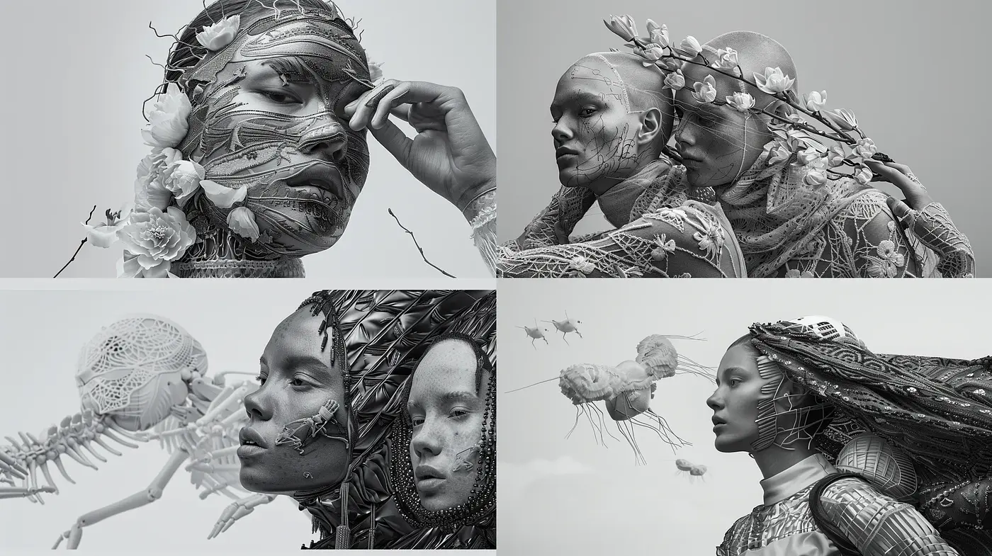 Monochromatic Textural Fusion of Human and Nature Motifs - Midjourney sref style