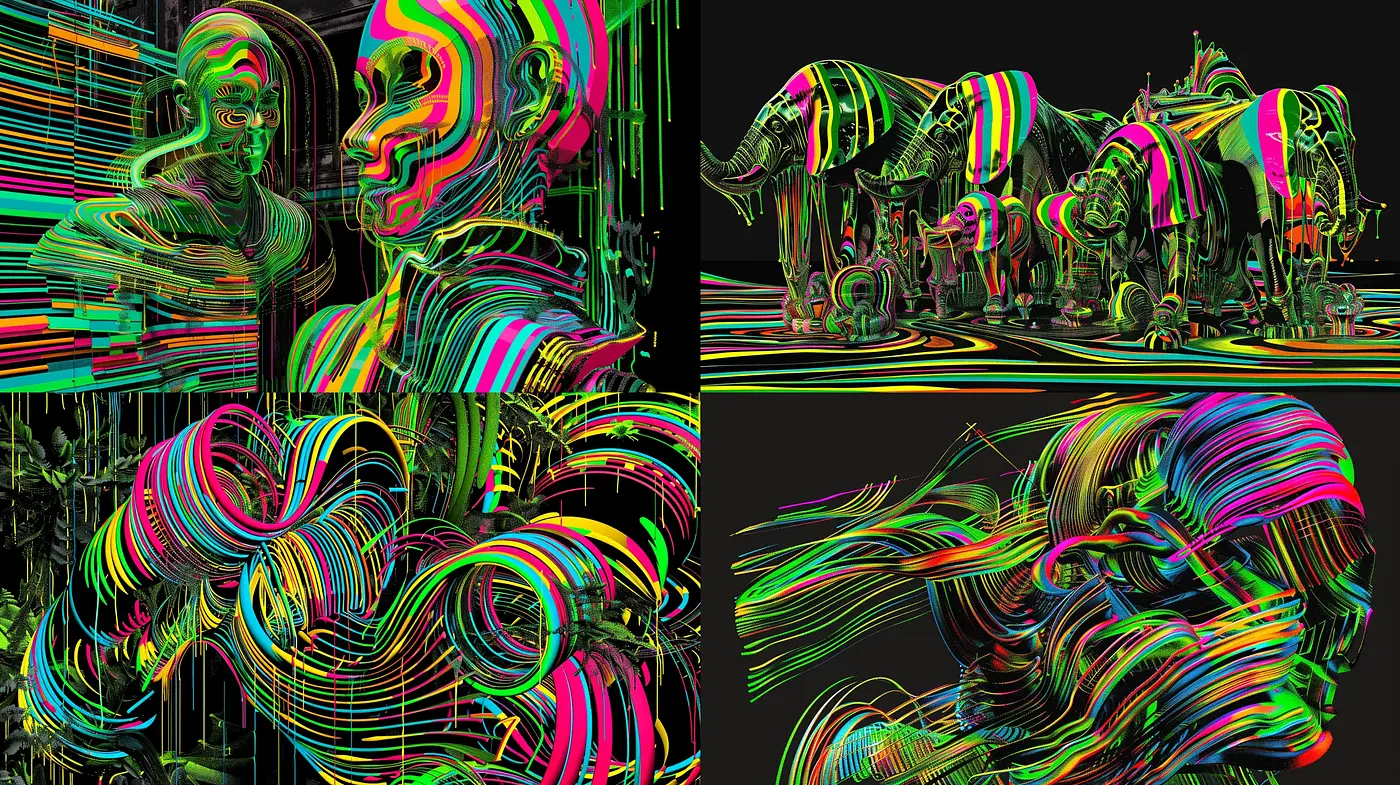 Vibrant Digital Glitch Art with Psychedelic Undertones - Midjourney sref style