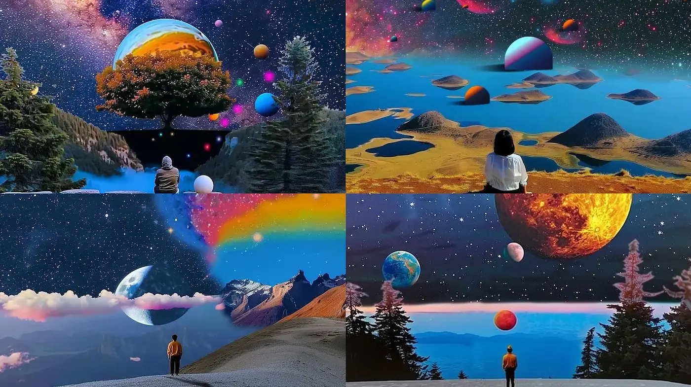 Cosmic Landscapes with Ethereal Elements and Vivid Color Schemes - Midjourney sref style