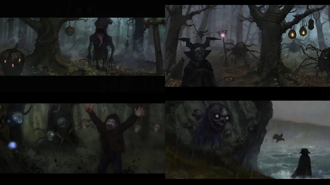 Mystical Shadows and Eerie Hues: Consistent Elements in an Evocative, Stylized Landscape - Midjourney sref style