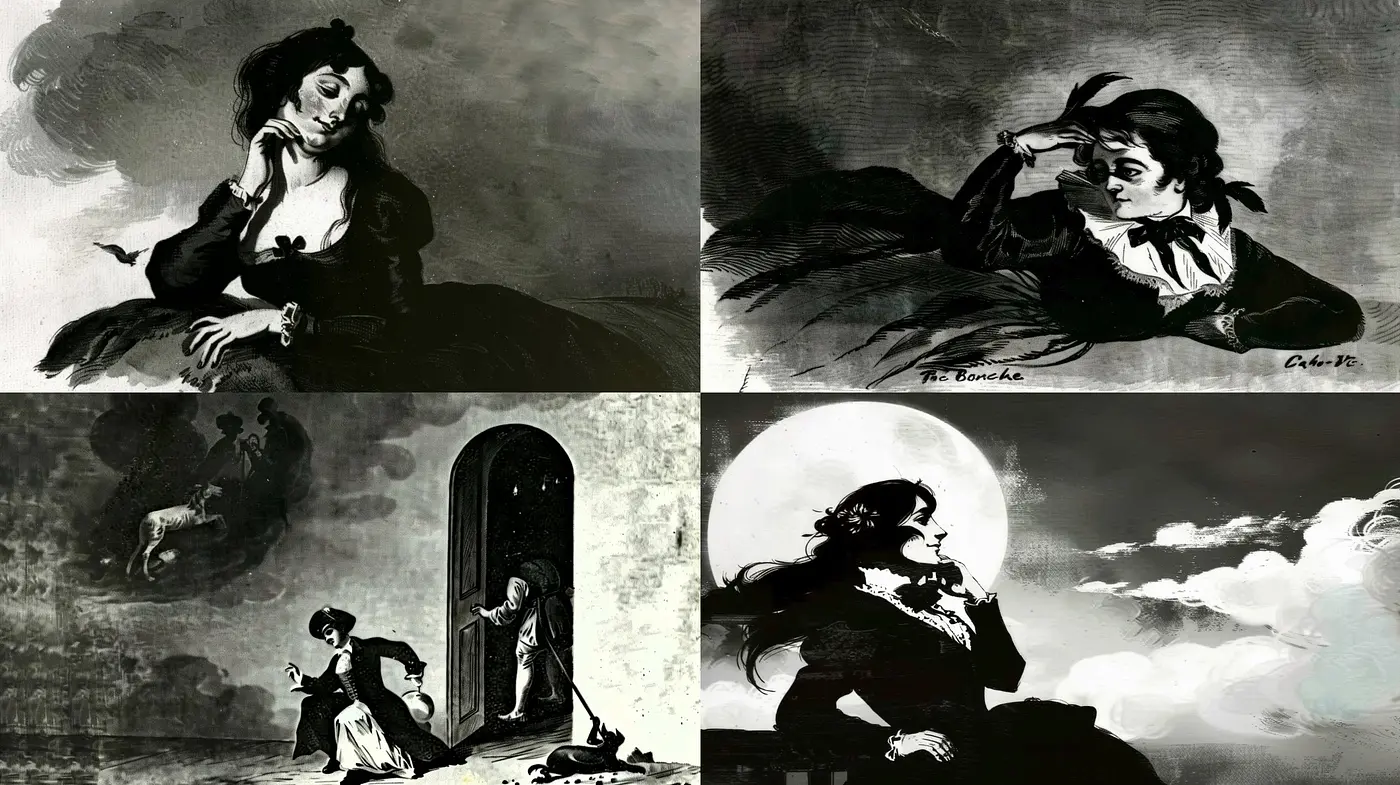 Whimsical Noir: An Homage to Romanticized Gothic Melancholy in Monochromatic Brushstrokes - Midjourney sref style
