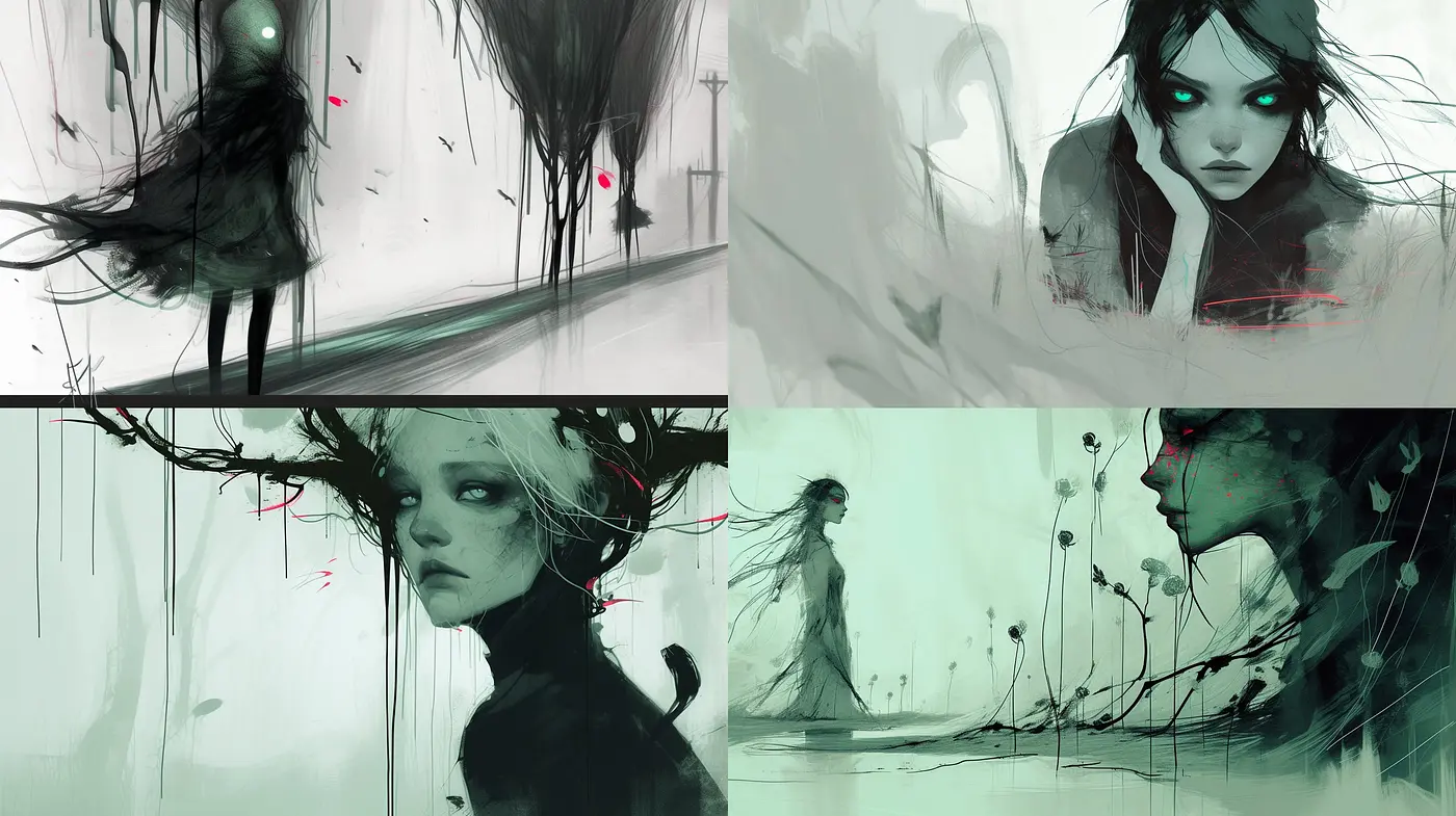 Ethereal Monochrome Dreamscape with Surrealist Touches - Midjourney sref style