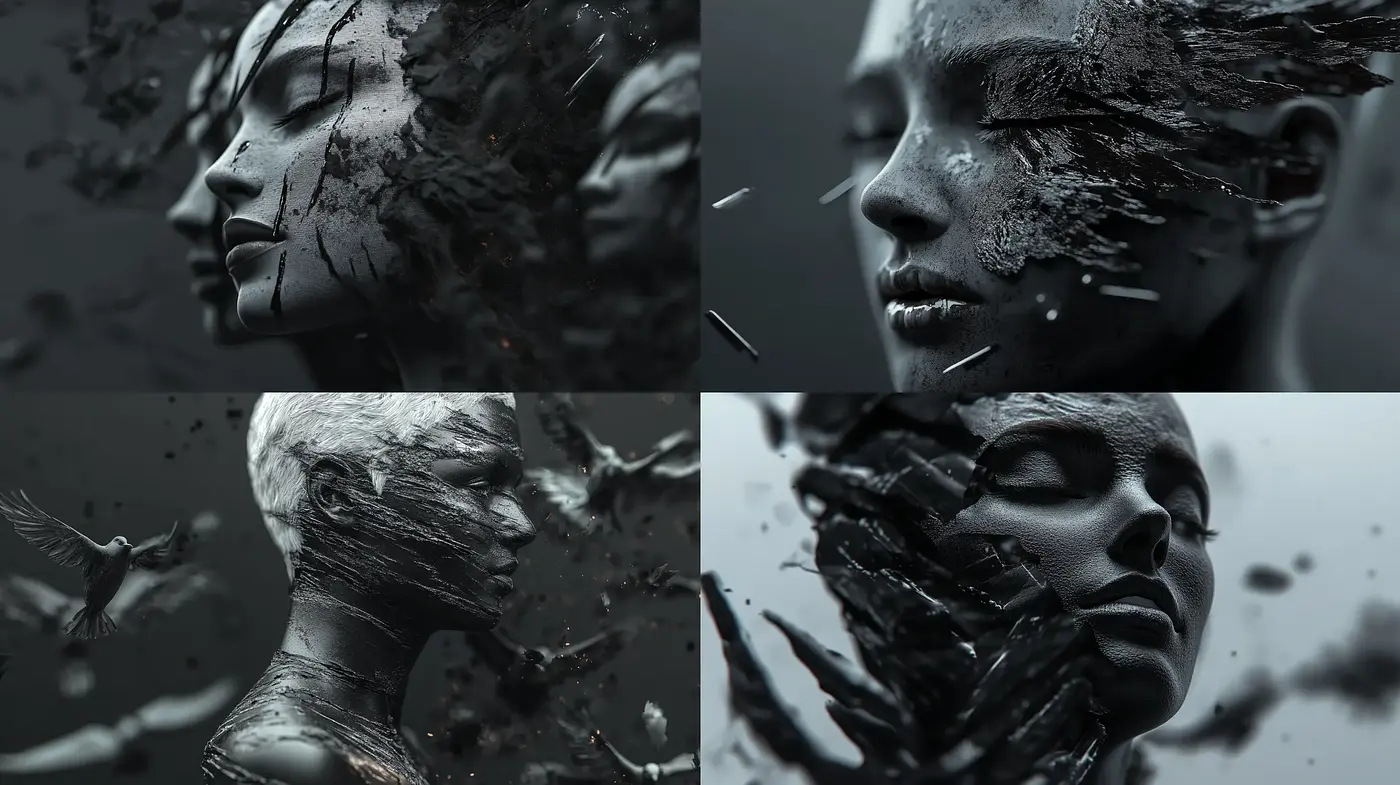 Monochromatic Metamorphosis: A Blend of Sculptural Textures and Serene Moods - Midjourney sref style