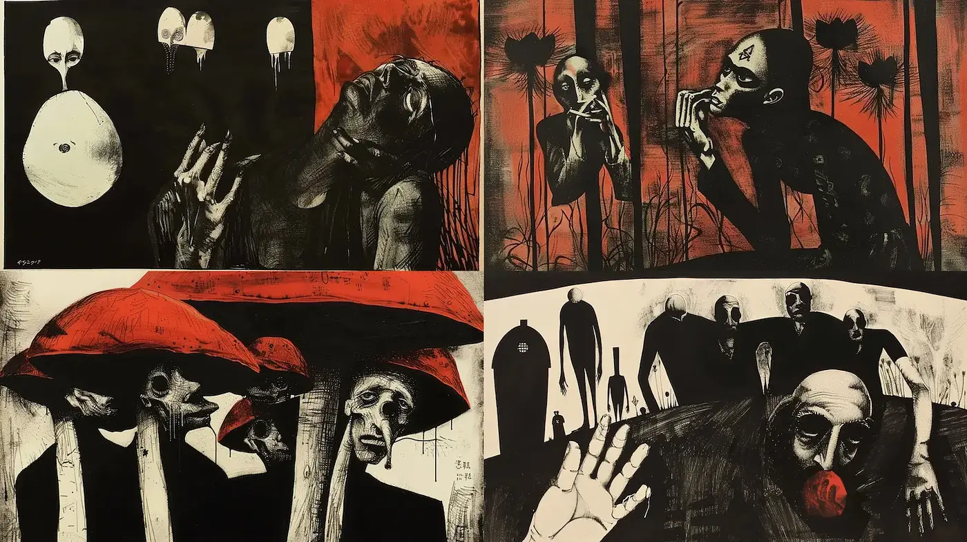 Eerie and Surreal Illustrated Aesthetics with Distinctive Characters and Dark Themes - Midjourney sref style