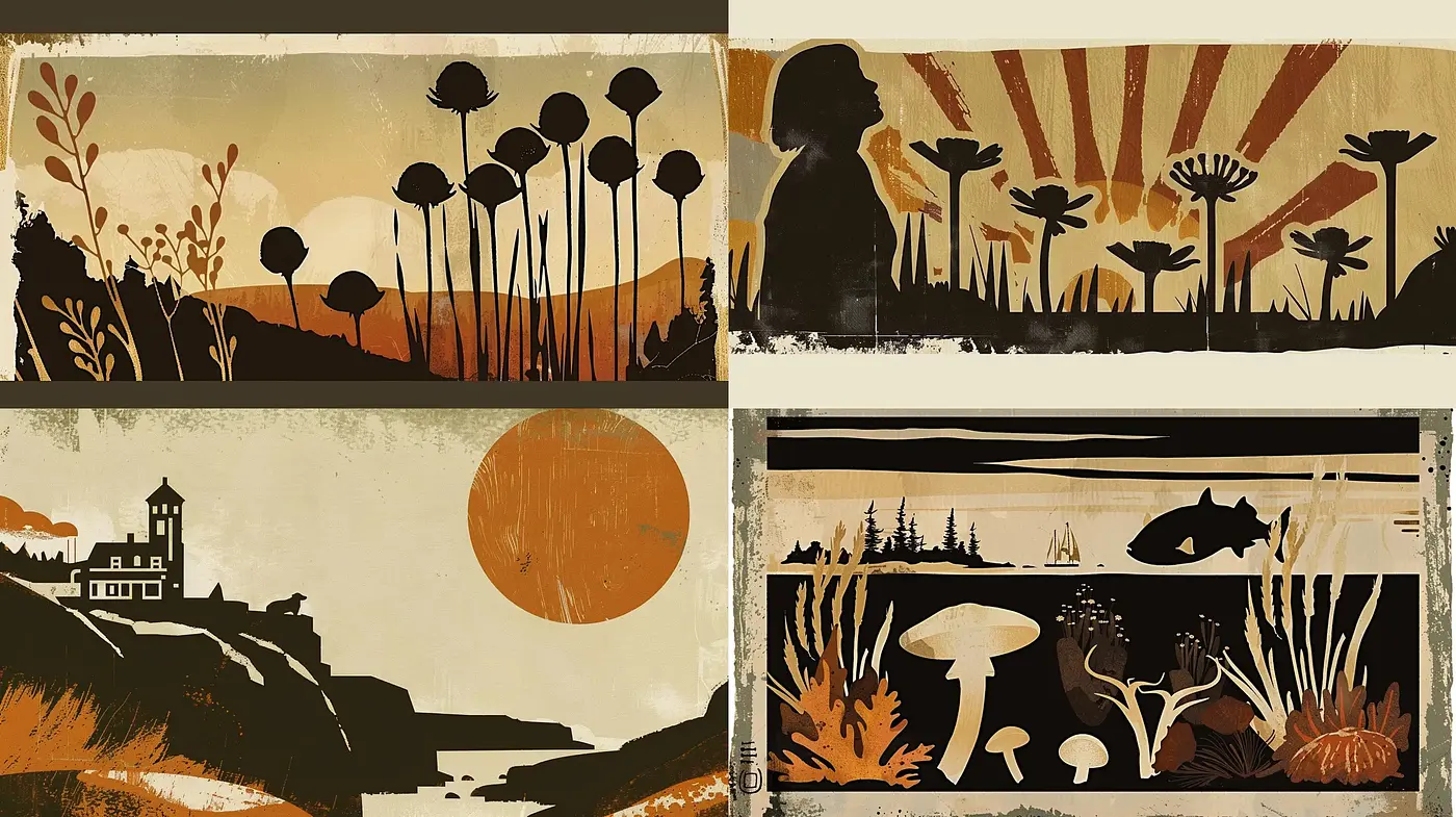 Retro Silhouette Storyboards in Earth Tones - Midjourney sref style