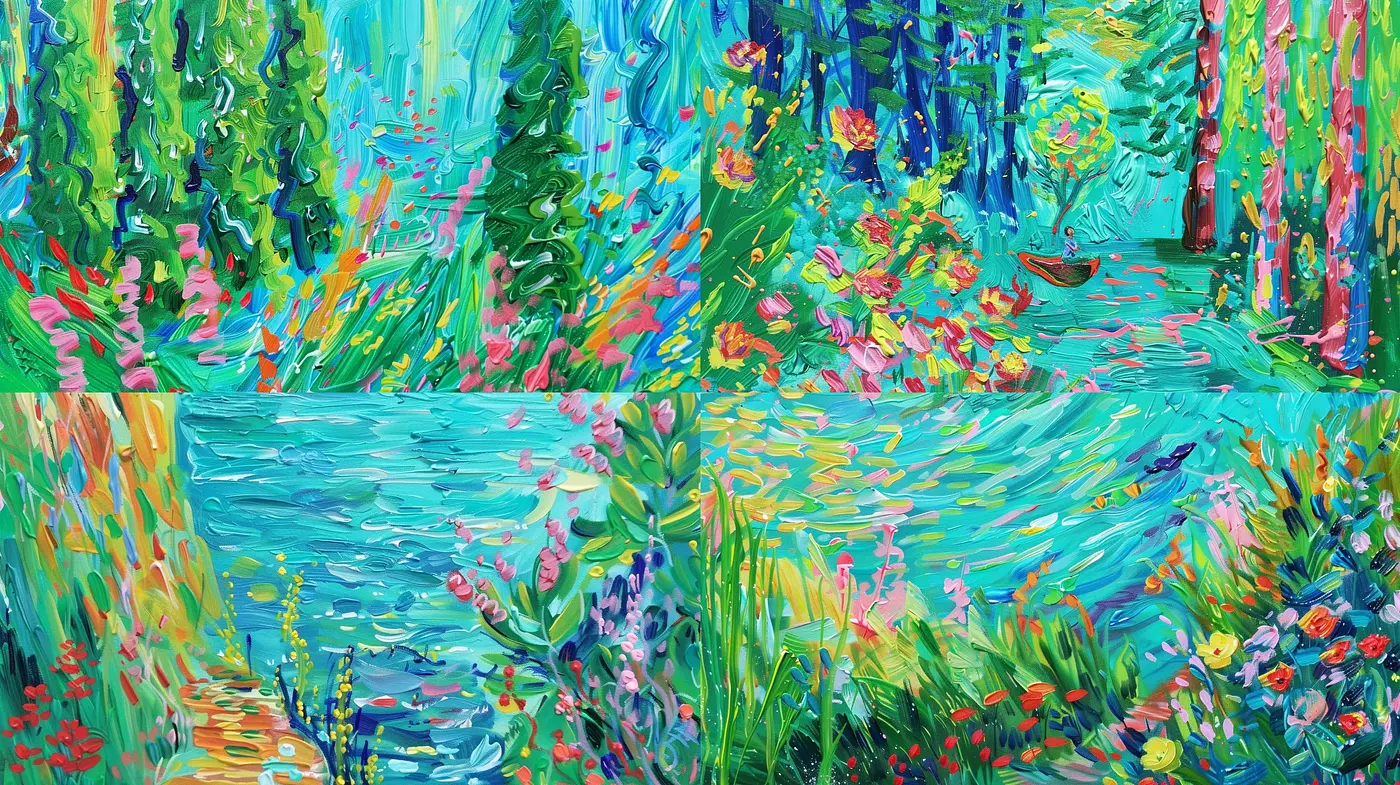 Luminous Brushstroke Mosaic: A Tapestry of Vivid Color Blends and Textural Harmony - Midjourney sref style
