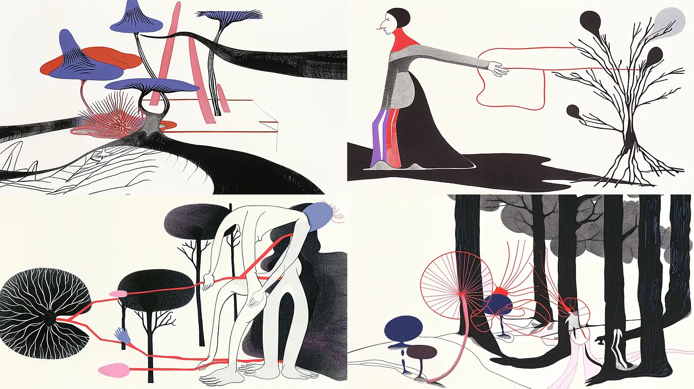 Stylized Abstract Forms with a Monochromatic and Accentuated Color Palette - Midjourney sref style