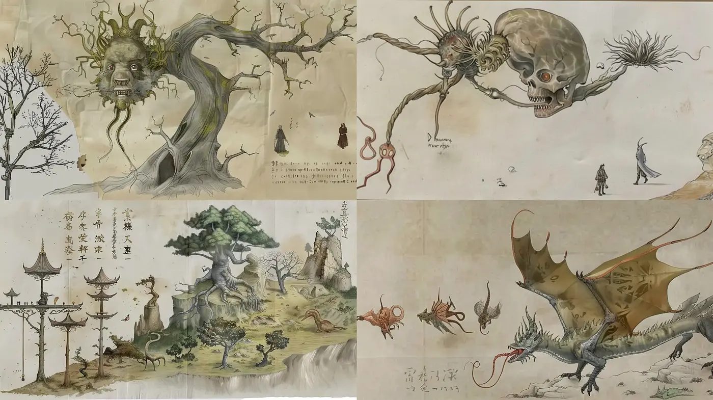 Ethereal Mythos in Transitional Sumi-e Hues - Midjourney sref style