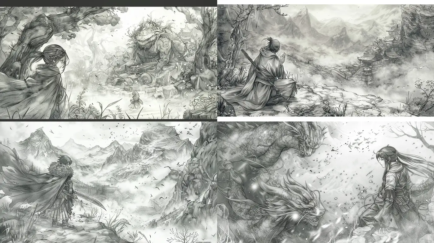 Monochromatic Ethereal Fantasy Inkwash Illustrations - Midjourney sref style
