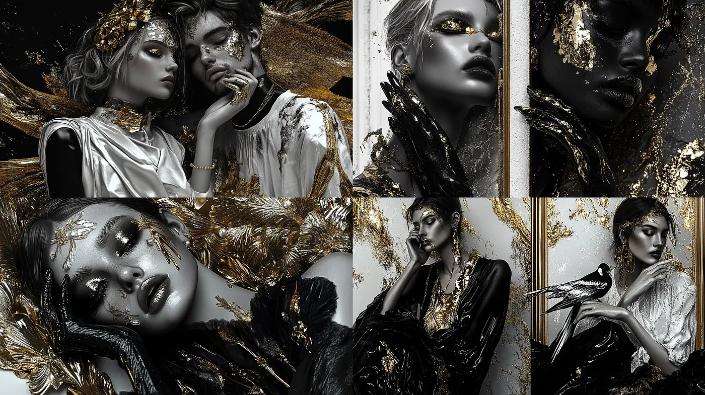 Monochromatic Elegance with Golden Accents - Midjourney sref style