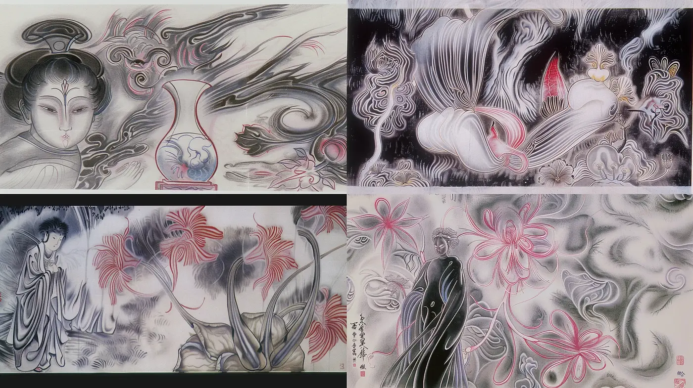 Ethereal Ink Wash Dreamscape with Florid Accents - Midjourney sref style