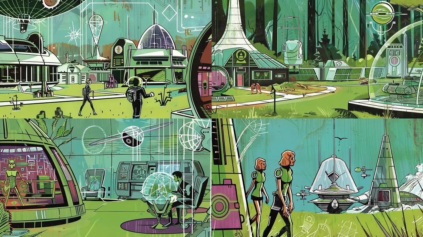 Retrofuturistic Visions in Lush Green Hues - Midjourney sref style