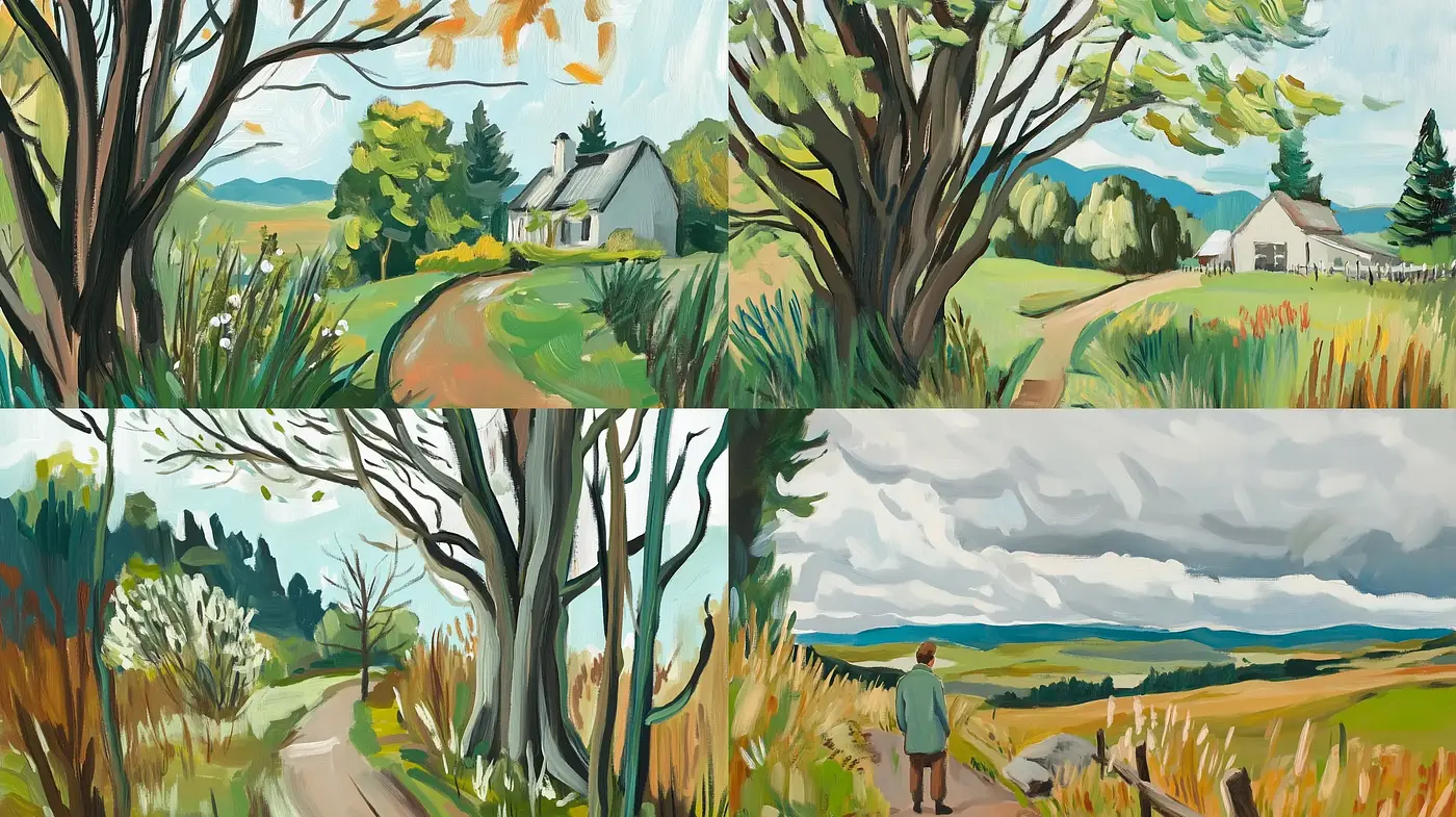 Rustic Idyll: A Harmonious Blend of Pastoral Landscapes and Serene Nature - Midjourney sref style
