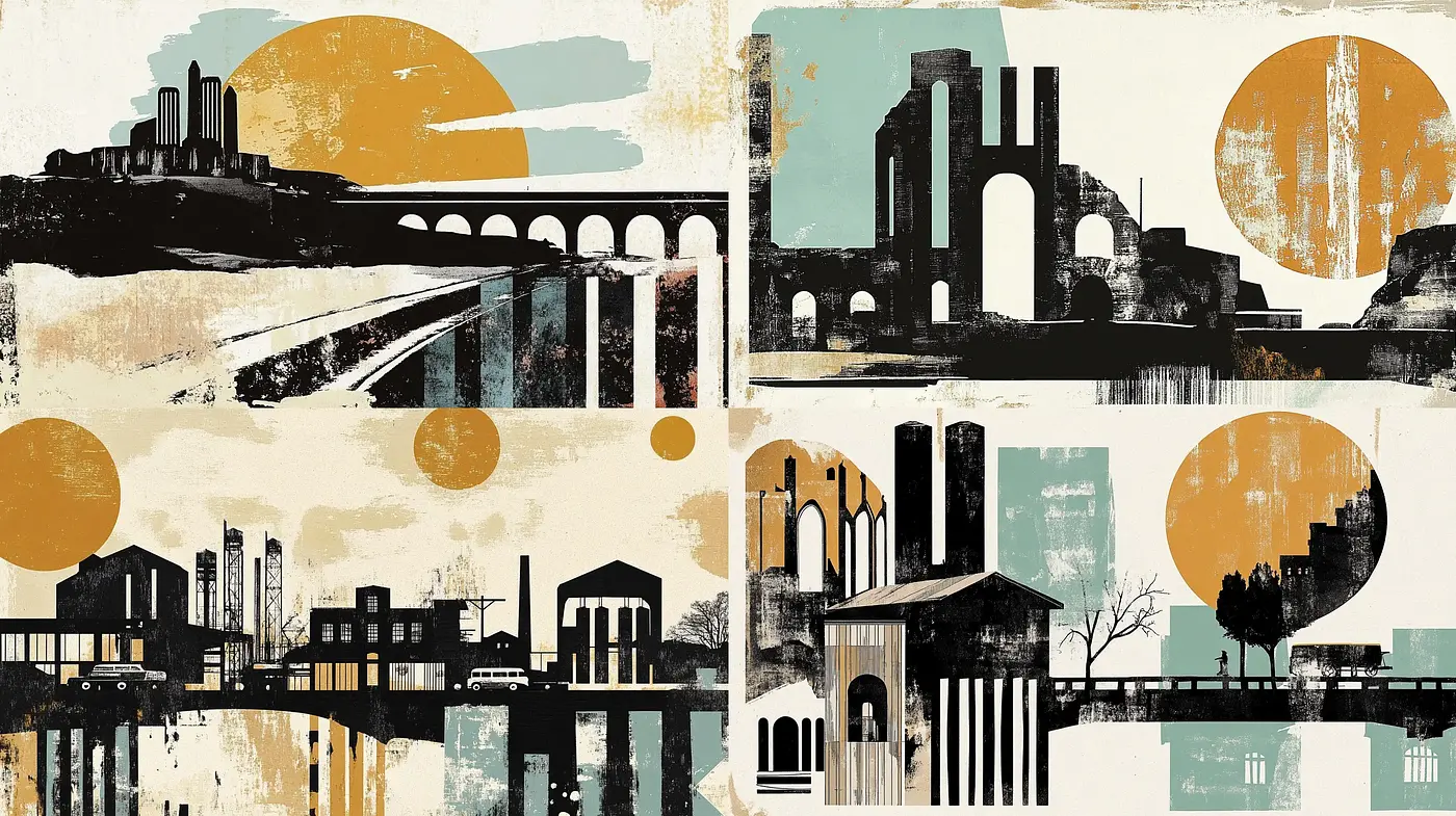 Retro Urban Sunset Silhouettes with Textured Finish - Midjourney sref style