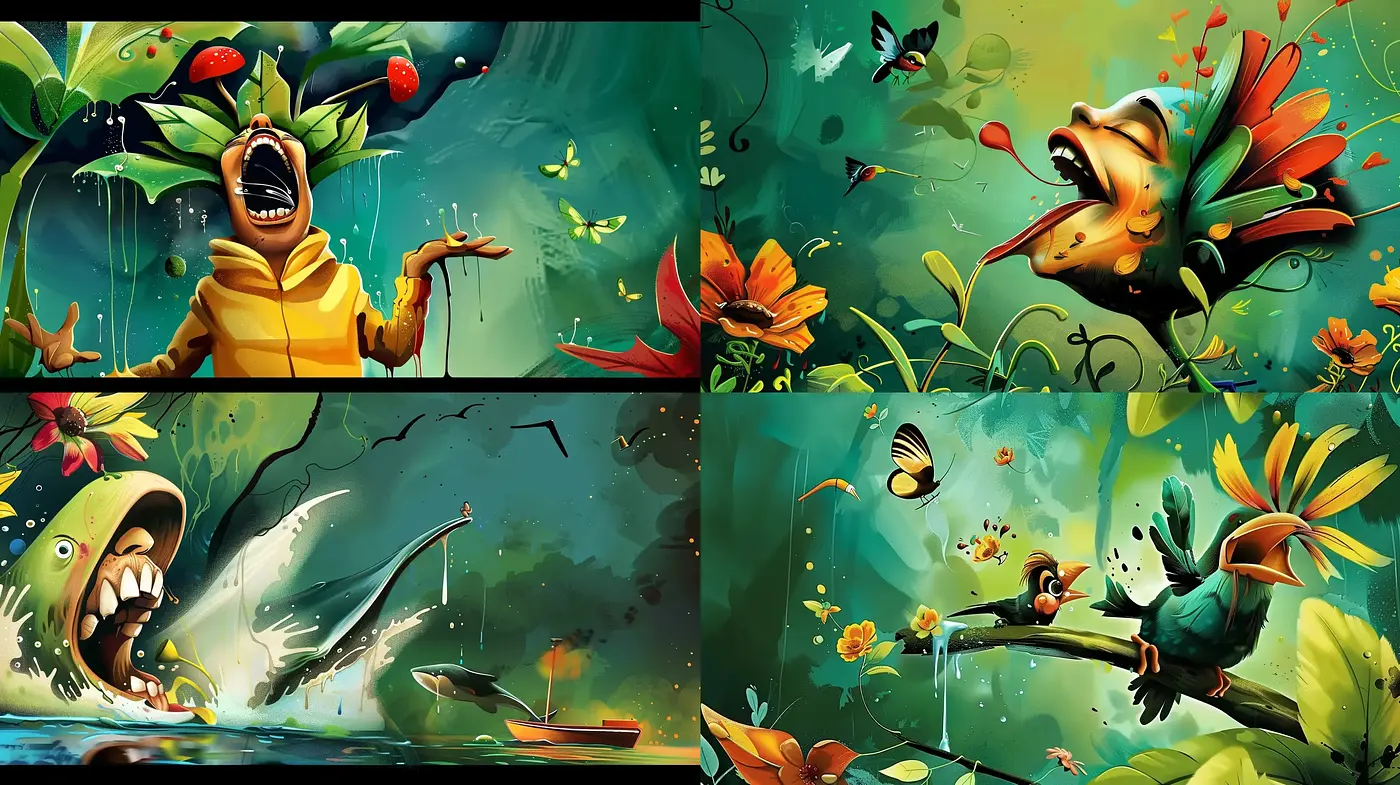 Vibrant Whimsical Nature: A Harmony of Saturated Colors and Dynamic Compositions - Midjourney sref style