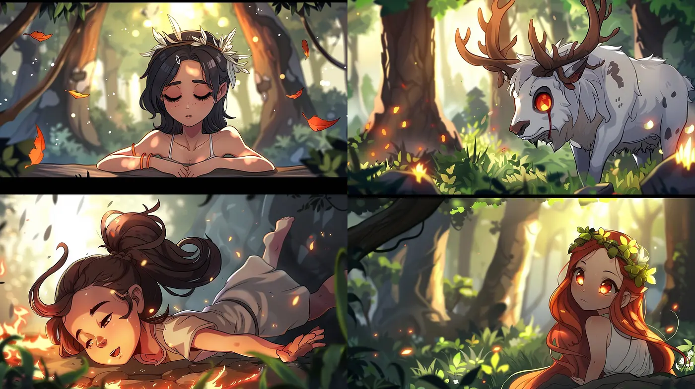Enchanted Forest Illuminated by Warm Light: A Harmonious Blend of Anime and Nature - Midjourney sref style