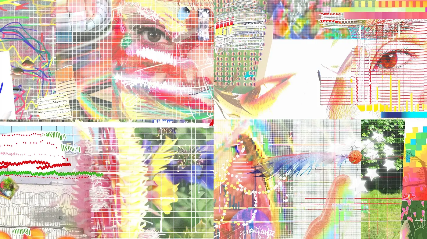 Abstract Digital Tapestry: A Collage of Vivid Tones and Glitched Textures - Midjourney sref style