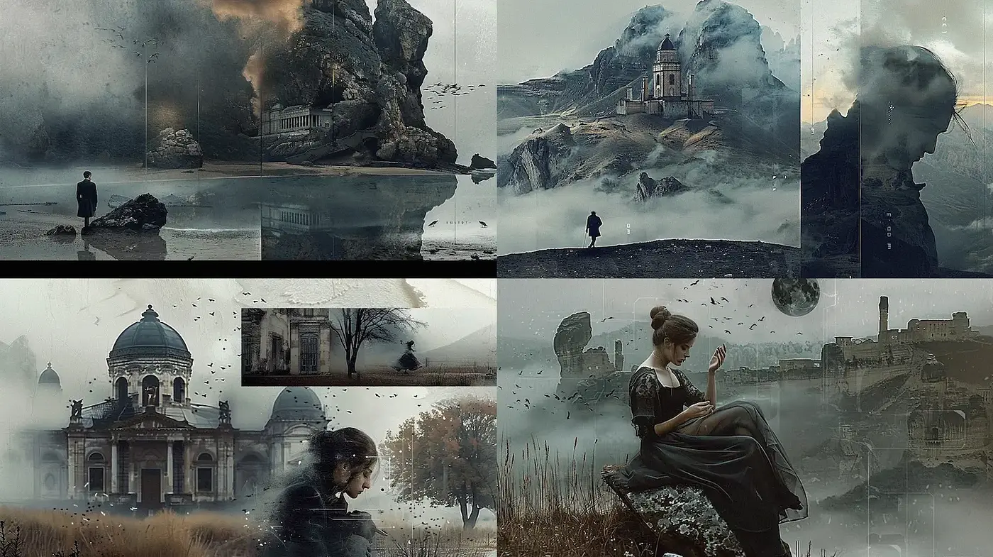 Ethereal landscapes with elements of mystery and melancholy - Midjourney sref style